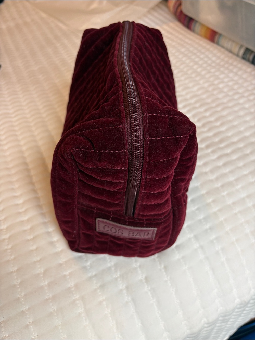 COS BAR Quilted Velvet Travel Cosmetic Pouch in Deep Wine